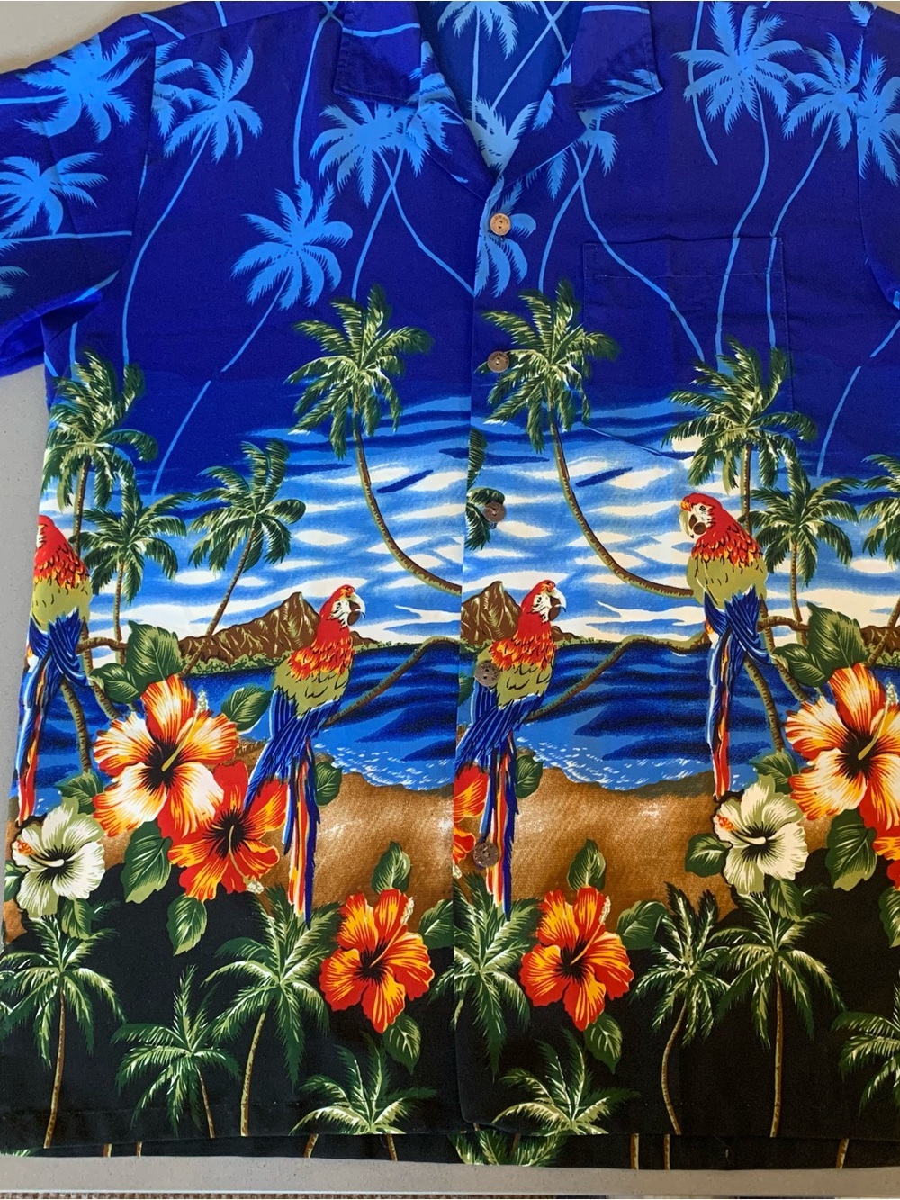 Blue Tropical Parrot Print Casual Button-Down Shirt